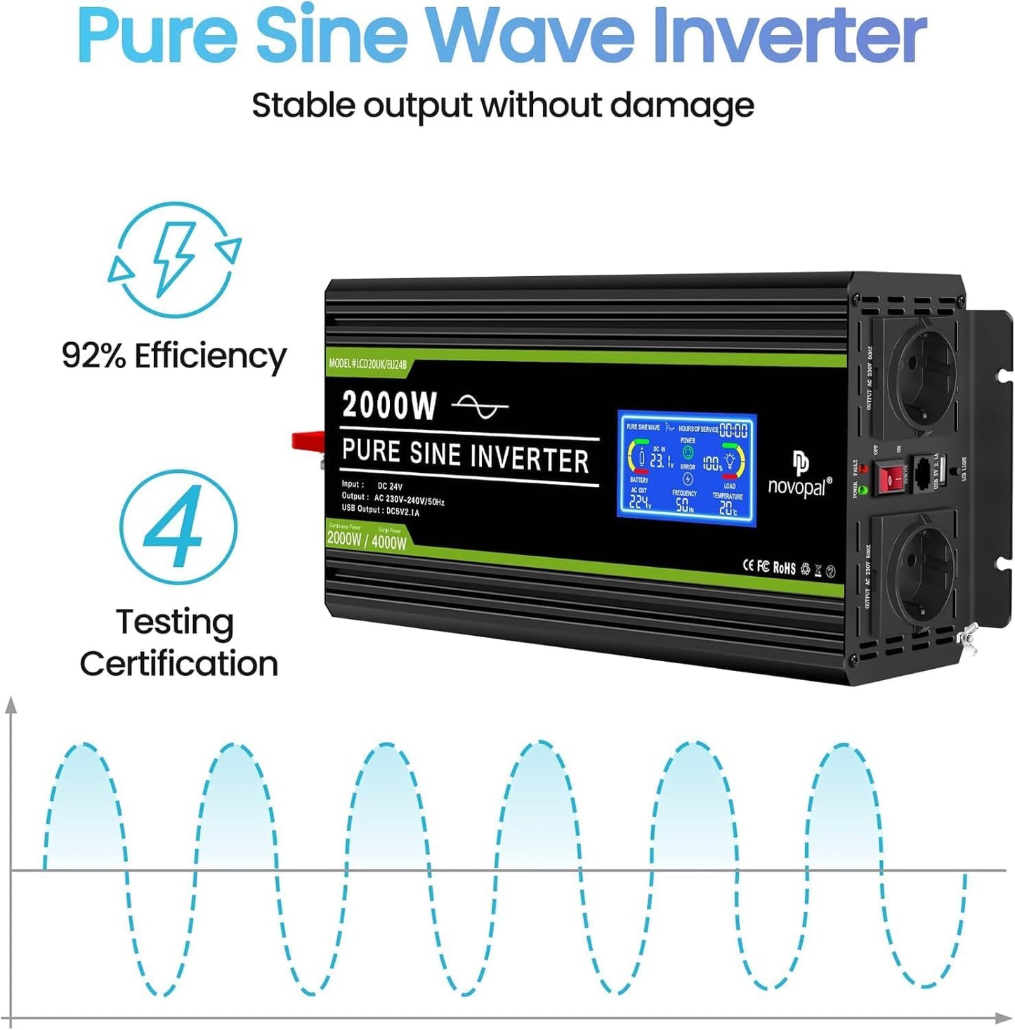NOVOPAL 2000 W auto-omvormer, spanningsomvormer 24 V 230 V zuivere sinus met lcd-display en USB-aansluiting, 2 AC-stopcontacten met USB-uitgang en 5 m afstandsbediening