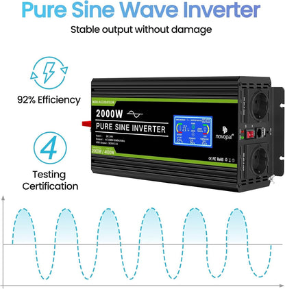 NOVOPAL 2000 W auto-omvormer, spanningsomvormer 24 V 230 V zuivere sinus met lcd-display en USB-aansluiting, 2 AC-stopcontacten met USB-uitgang en 5 m afstandsbediening