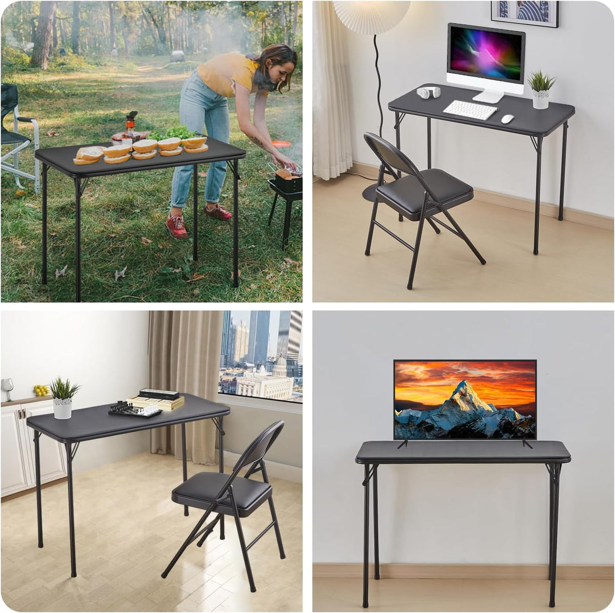 KAIHAOWIN Opvouwbare tafelstoelset, zwarte vinyl klapkaart, tafelstoel, geen montage nodig, lichtgewicht opvouwbare tafelstoelset voor dagelijks gebruik binnen/buiten/camping