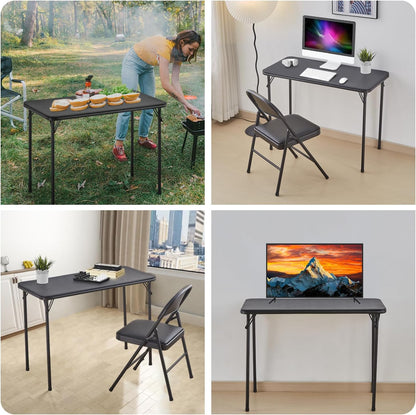 KAIHAOWIN Opvouwbare tafelstoelset, zwarte vinyl klapkaart, tafelstoel, geen montage nodig, lichtgewicht opvouwbare tafelstoelset voor dagelijks gebruik binnen/buiten/camping
