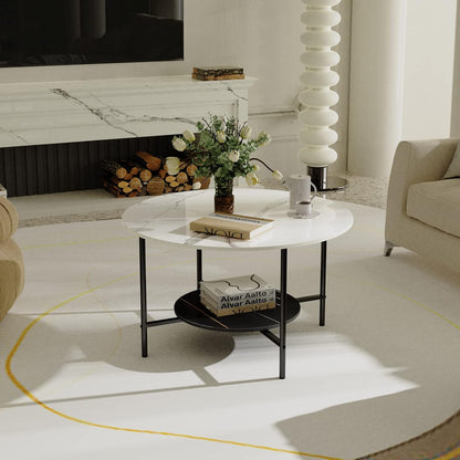FATIVO Marmeren Top Salontafels Rond: 2-laags witte en zwarte salontafel 80 cm gesinterde steen hoogglans knikkereffect tafelblad met mat zwart frame moderne grote middentafel woonkamer