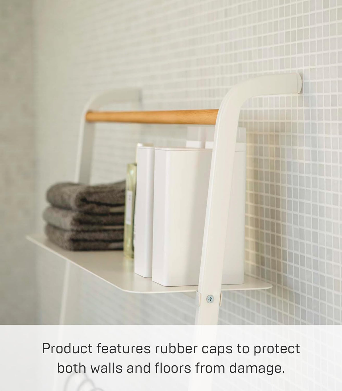 Yamazaki 3871 TOWER Leaning Ladder Hanger with Shelf, white, Steel/Wood, 66 x 30~38 x 160 cm