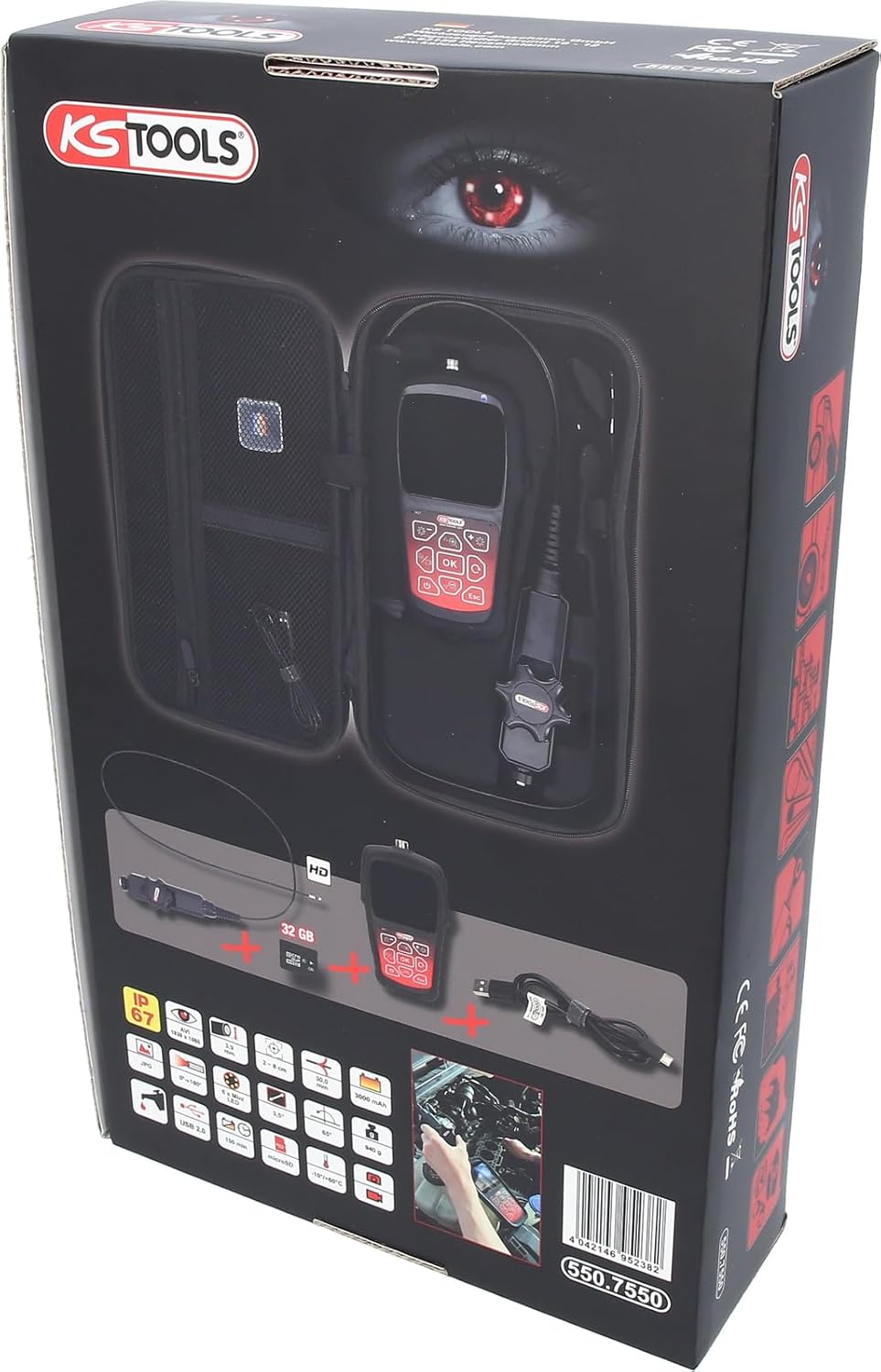 KS Tools 550.7550 HD-videoscoopset met Ø 3,9 mm 180° en 0° HD frontcamera-sonde, flexibele pvc-hoes, 3-delig