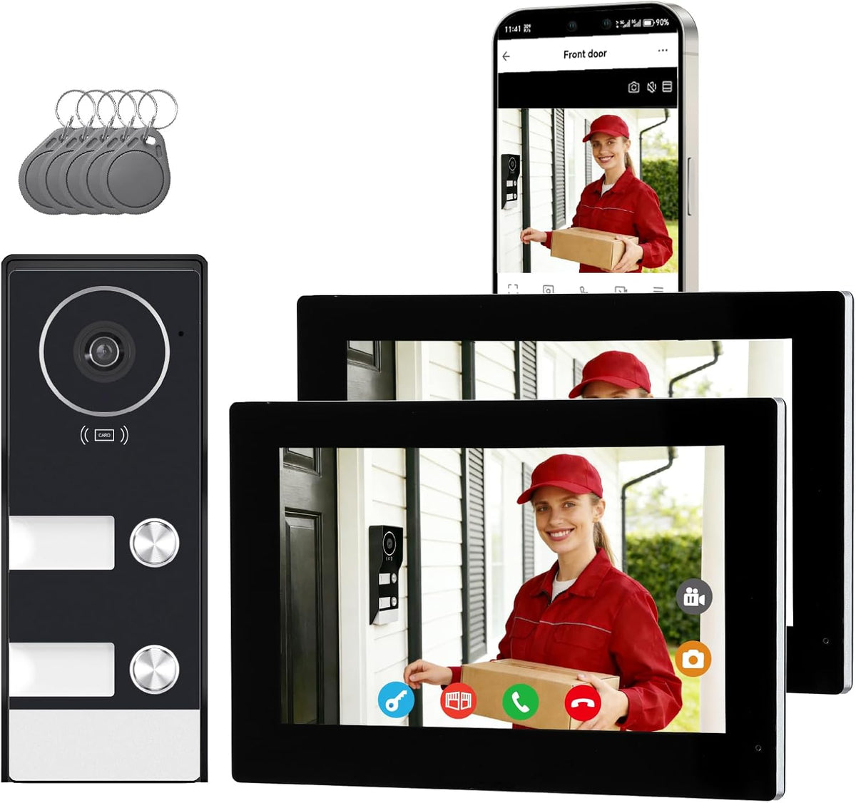 slimme videodeurbel met 2-draads aansluiting, bedrade video-intercom met 2 x 7-inch monitoren, ontgrendeling op afstand,tweeweg audio, RFID,dual-band wifi,set voor twee gezinnen