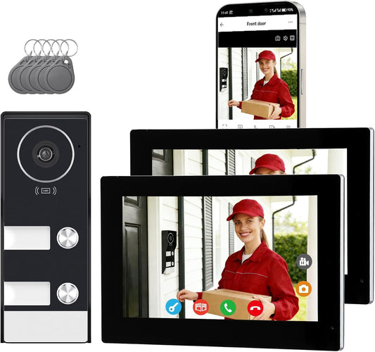 slimme videodeurbel met 2-draads aansluiting, bedrade video-intercom met 2 x 7-inch monitoren, ontgrendeling op afstand,tweeweg audio, RFID,dual-band wifi,set voor twee gezinnen