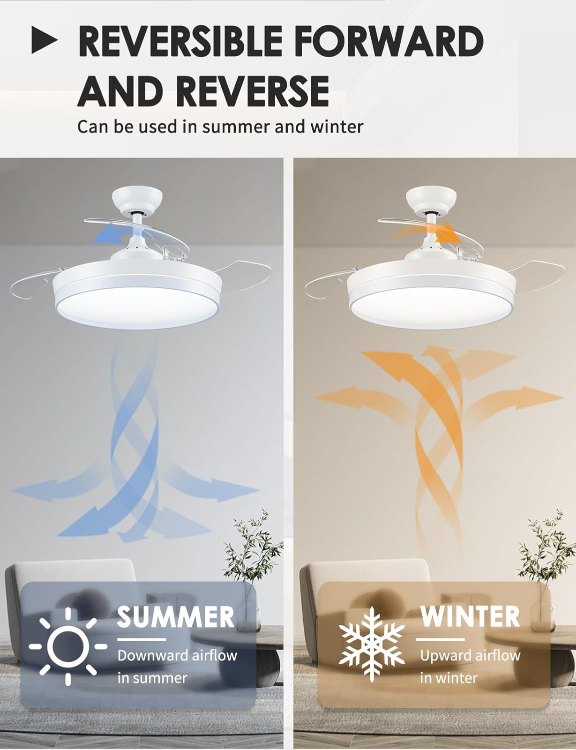 CJOY Plafondventilator met licht, 107 cm, plafondventilator met 3 intrekbare messen, plafondventilator, stil, omkeerbaar, zomer en winter, 6 snelheden, timing, 3 kleurtemperaturen