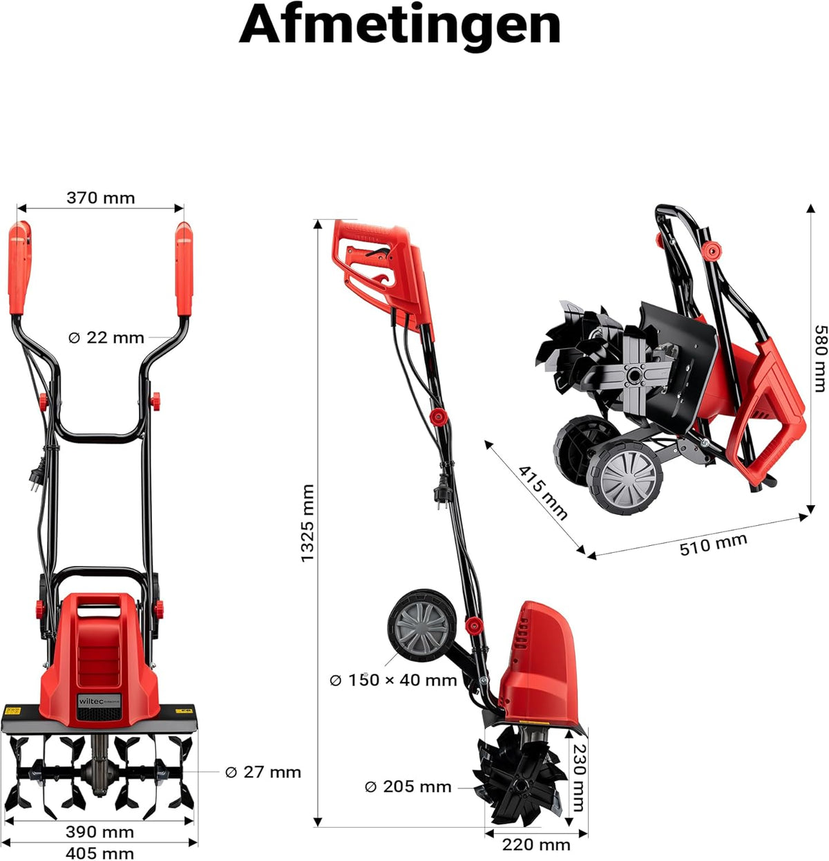 Wiltec elektrische tuinfrees 1500 W, grondfrees met 400 toeren per minuut, grondfreesmachine met 220 mm werkdiepte, bodemfrees voor tuinwerkzaameden, freesmachine voor tuin en grond, cultivator