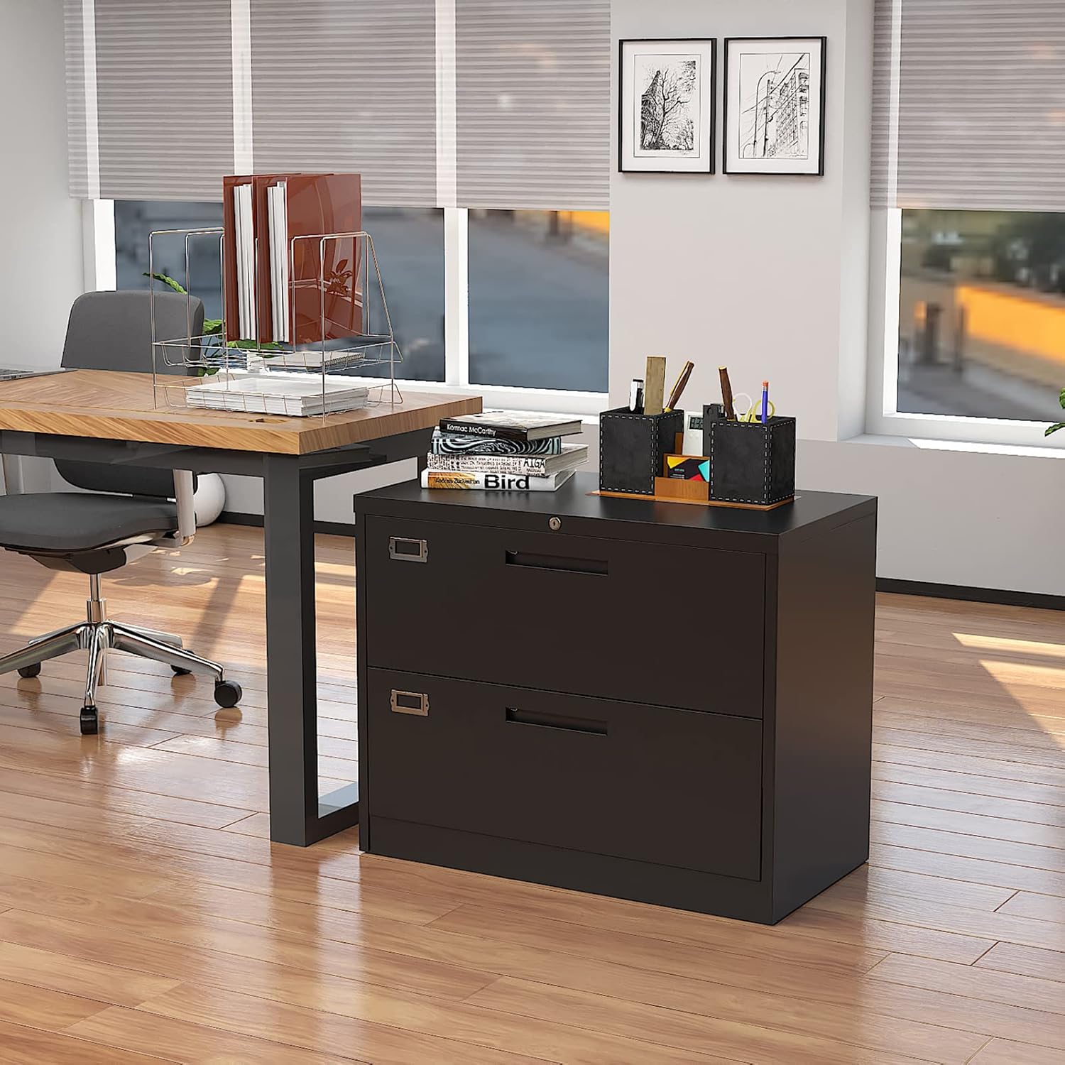 Lateral filing cabinet with lock, large metal filing cabinet with 2 drawers, lockable home office storage cabinet for hanging files Letter/Legal/F4/A4 format assembly required - QUORE