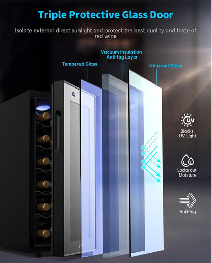 WIE Wijnkoelkast 1 zone 33 liter 12 flessen drankkoelkast wijnkast kleine wijnkoelkast mini met glazen deur volledig glazen designdeur met LED-touchpanel anti-UV wijnkoelkast