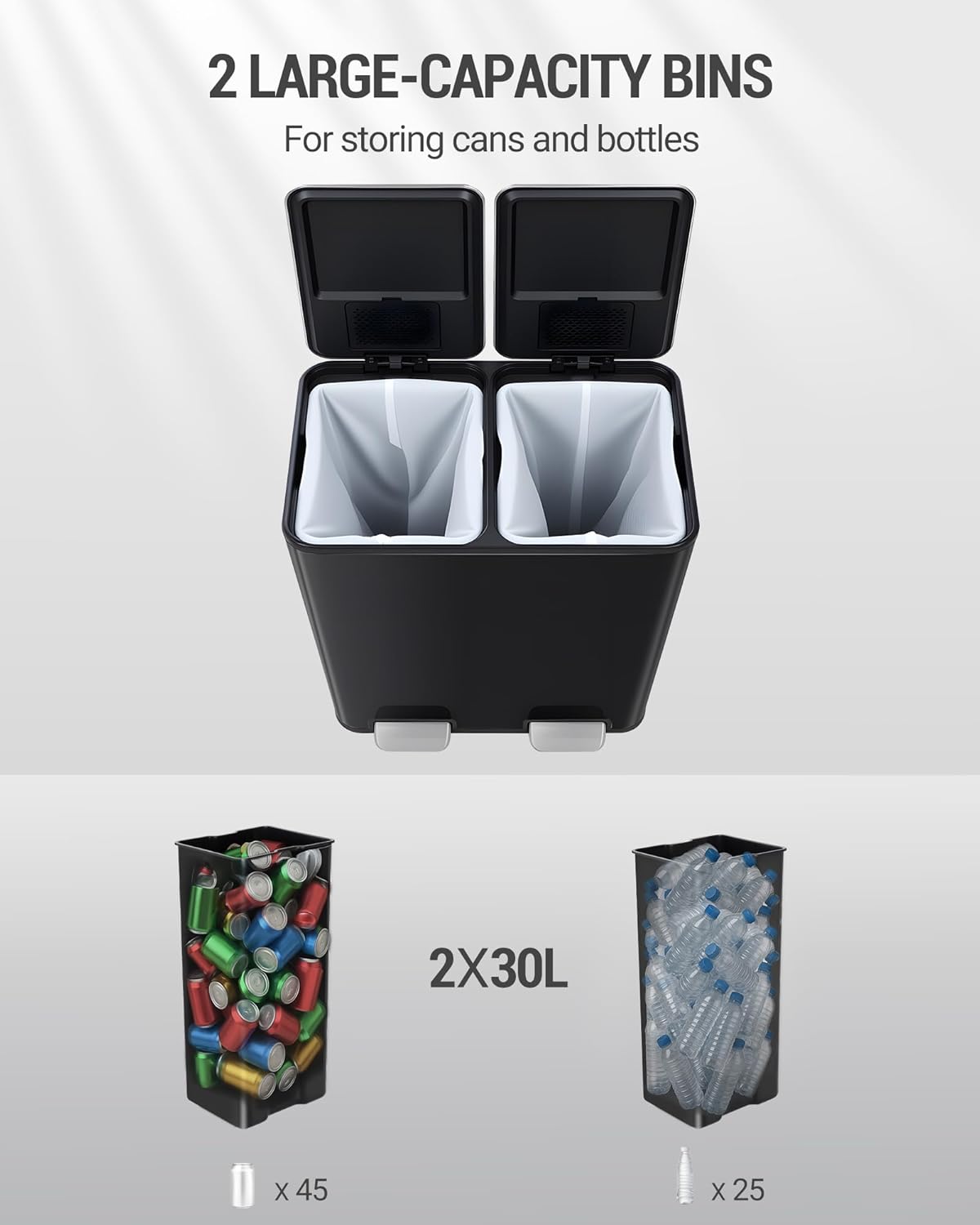Hzuaneri Kitchen Trash Bin, Waste Separation System, 2 Compartments, 60 L (2 x 30 L), Stainless Steel Kitchen Trash Bin, Pedal Bin, Silent Slow Waste Bag, with 15 Exclusive Waste Bags, Black