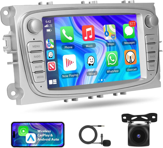 4 + 64G Motorsi autoradio voor Ford Focus II/S-Max met Carplay Android Auto aangedreven door Qualcomm-processor, 7 inch touchscreen Bluetooth/WiFi/EQ/FM/RDS/GPS Navigatie/SWC/Canbus/Split Screen +