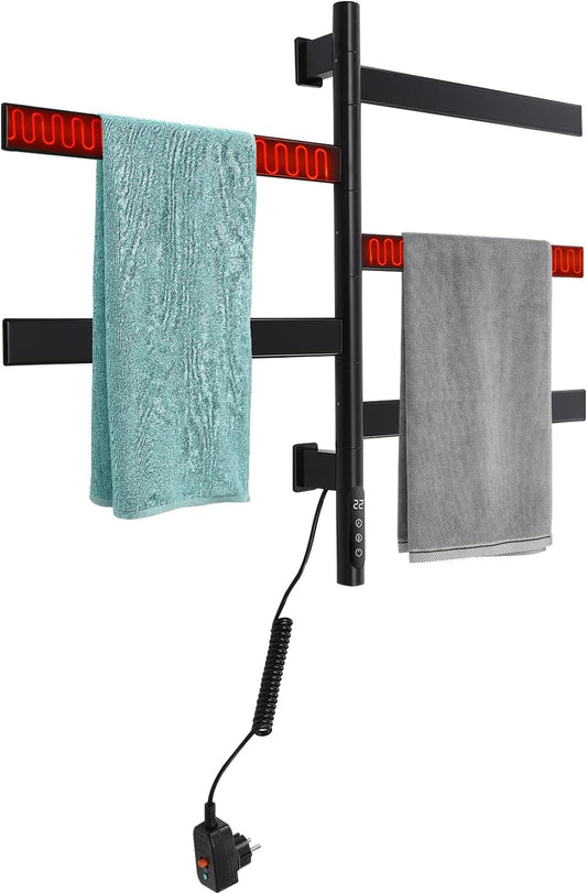 Elektrische Handdoekdroger – Handdoekwarmer – Handdoekradiator – Droogrek – Radiator – Zwarte Uitvoering – Draaibare Stangen 180° – Instelbare Temperatuur 30-70°C