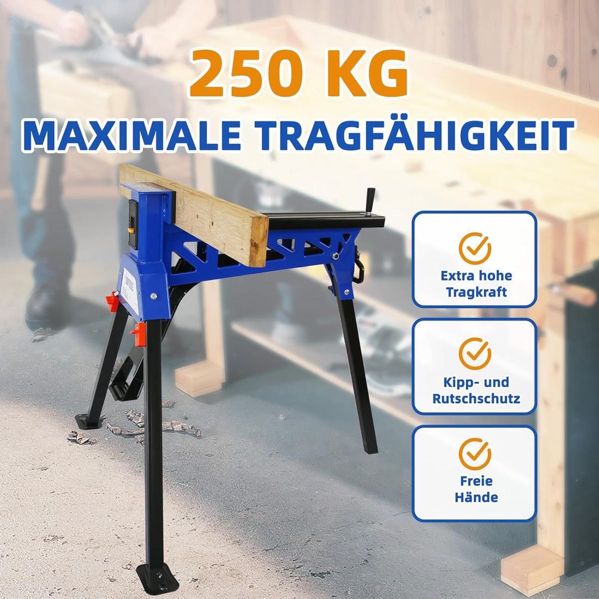 SoonTools Draagbaar werk- en klemsysteem, mobiele inklapbare werkbank met voetbediend mechanisme, 150 kg draagvermogen Horse Work Bench, materiaal ondersteuningsstation