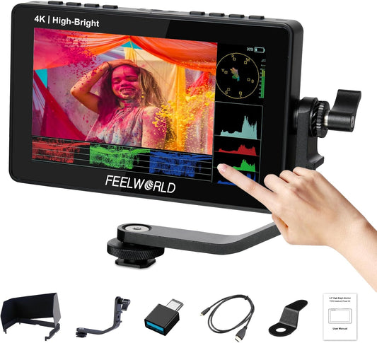 FEELWORLD F5PROX 1600Nits Cameraveldmonitor met Hoge Helderheid 5,5 Inch Touchscreen DSLR Monitor met 3D LUT, 4K HDMI Ingang/Uitgang, Peak Focus Video Assist, HDR-golfvorm, F970 Externe Montageset