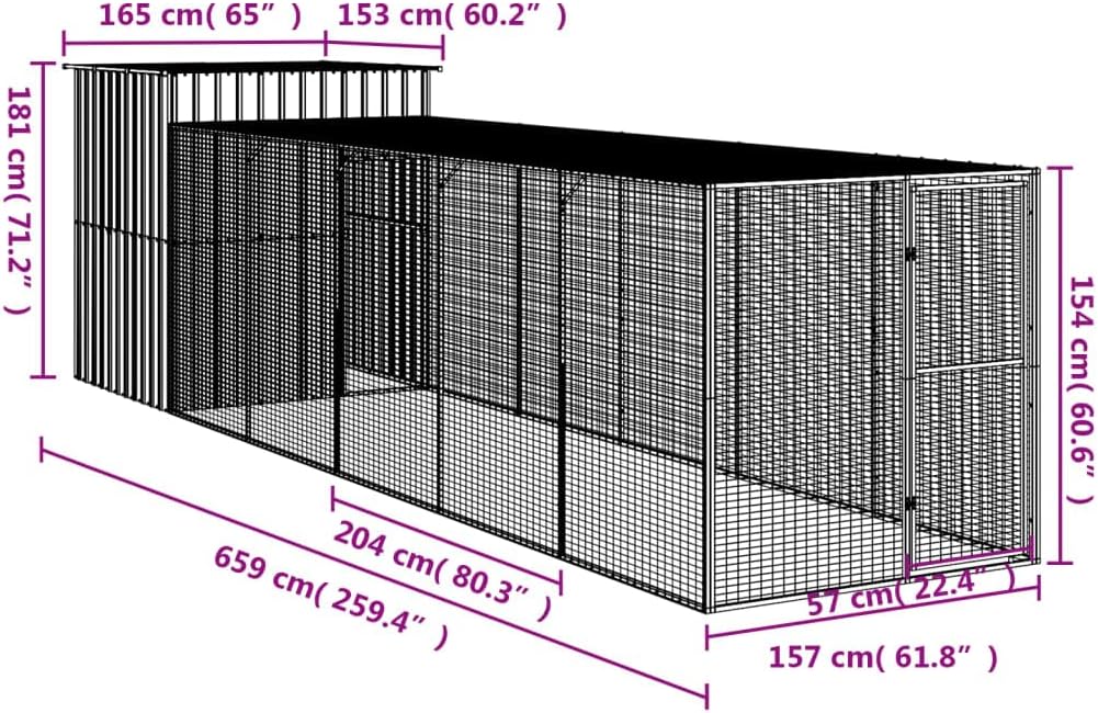 vidaXL Chicken coop with run 165x668x181cm steel light grey - QUORE