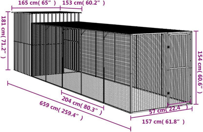 vidaXL Chicken coop with run 165x668x181cm steel light grey - QUORE