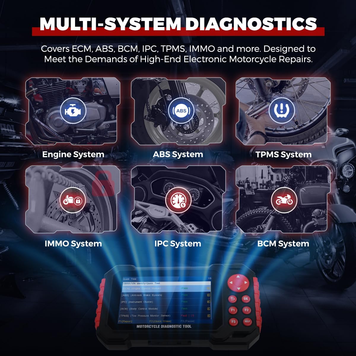 Motorfiets diagnostisch hulpmiddel, M7 volledig systeem motorfiets scangereedschap, motorfiets OBDII codelezer met Live Data Record/Auto Scan & Instant VLN-detectie/12 Langusges Compatibel voor Harley