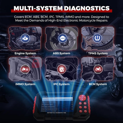 Motorfiets diagnostisch hulpmiddel, M7 volledig systeem motorfiets scangereedschap, motorfiets OBDII codelezer met Live Data Record/Auto Scan & Instant VLN-detectie/12 Langusges Compatibel voor Harley