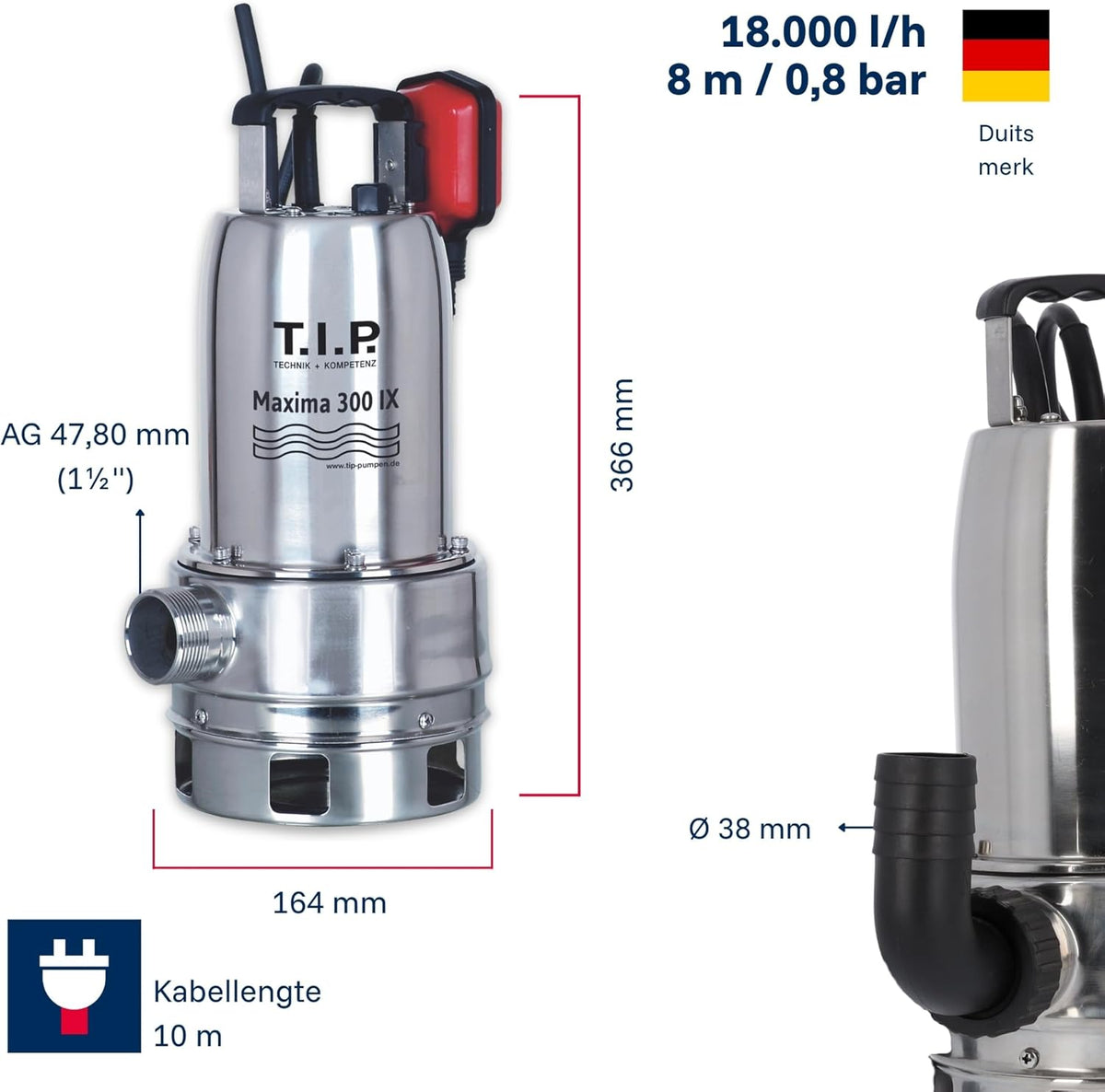 T.I.P. Maxima 300 IX 30116 Vuilwaterpomp, roestvrij staal, debiet tot 18.000 l/u, opvoerhoogte max. 8 m/druk max. 0,8 bar, 700 W, pompbehuizing van kunststof, wiel van Noryl