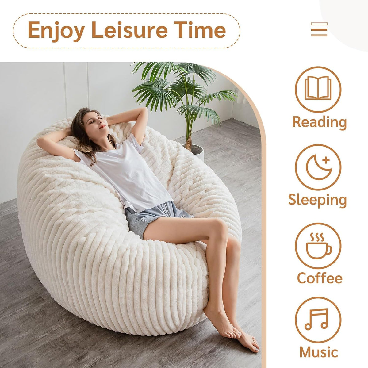 MAXYOYO Enorme zitzakbed, vierkante zitzakstoel, grote bank met imitatiebont en pluizige vulling voor volwassenen, koppels, gasten (corduroy beige, 150 x 150 cm)