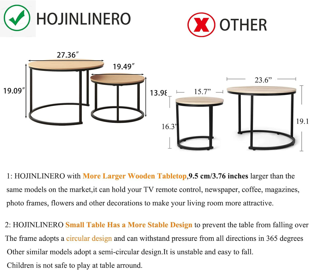HOJINLINERO Zwarte ronde salontafel set van 2 bijzettafels voor woonkamer, 69,5 x 49 cm industriële stapelen eindtafels, houtlook accentmeubilair met metalen frame eindtafel voor slaapkamerdecoraties,
