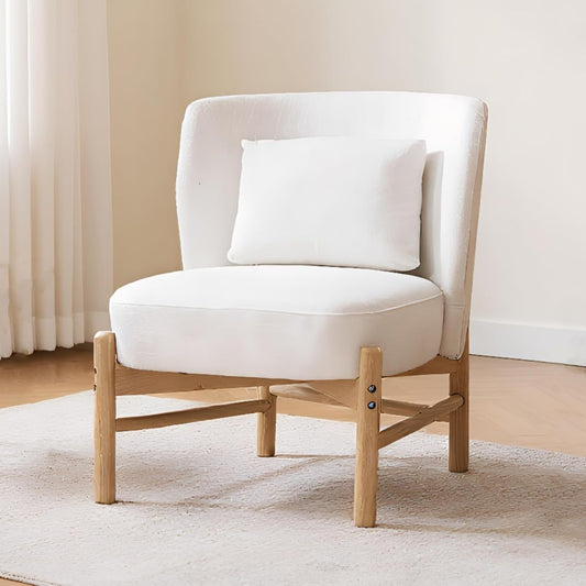 chairus Padded Armrest Chair Chenille Lounge Chair Living Room Armless Single Chair Wooden Legs Upholstered Chair for Bedroom (White) - QUORE