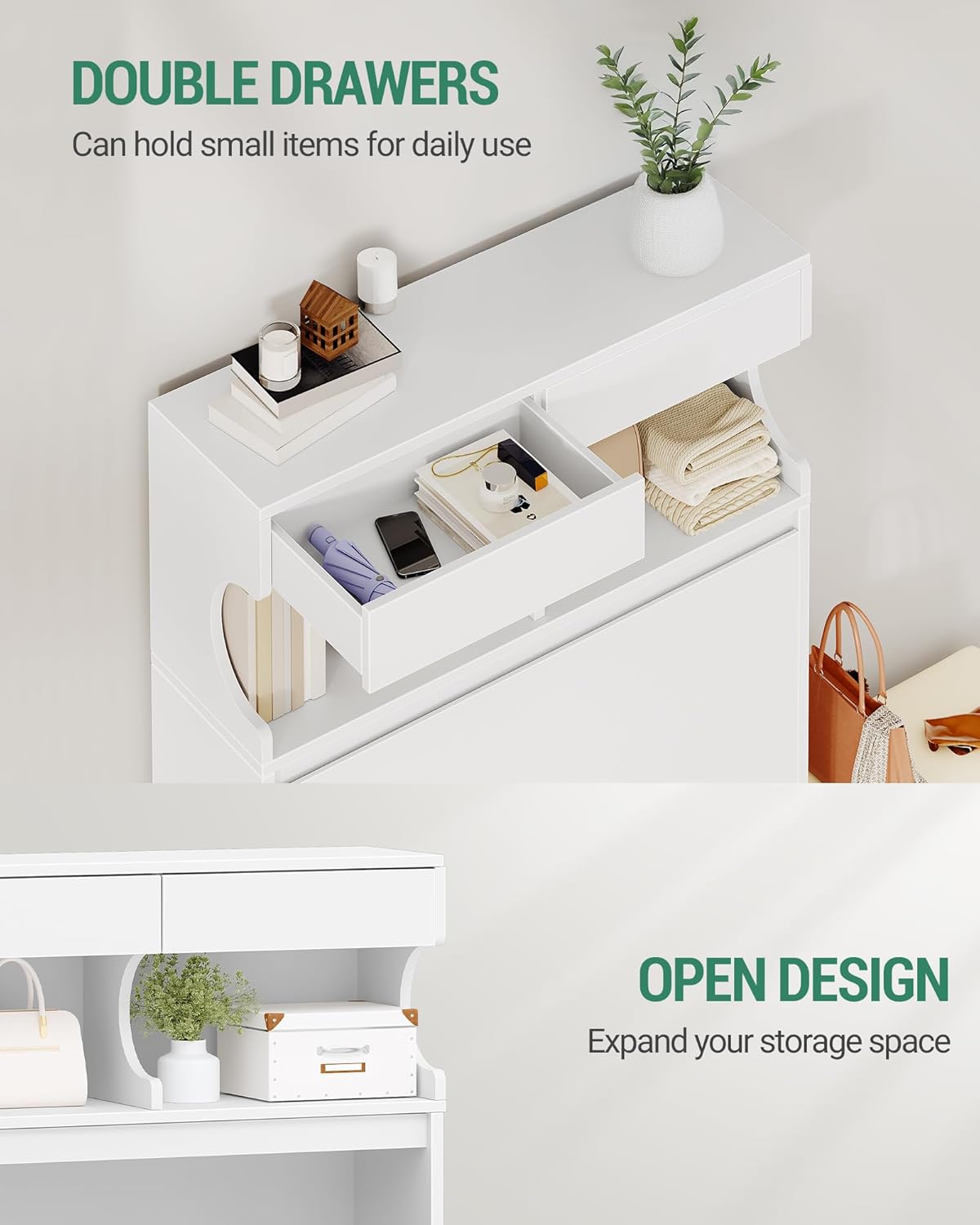 Hzuaneri Shoe Cabinet, Shoe Cabinet with 2 Flaps, 12-16 Pairs, Adjustable Divider, Large Capacity for Entrance, Hallway, Bedroom, White SR45303X