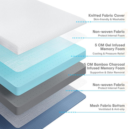 Vesgantti 4 inch traagschuim matrastopper dubbel, gel en bamboe houtskool doordrenkte bedtopper voor koelslaap en drukverlichting, met wasbare hoes - 135 x 190 x 10 cm