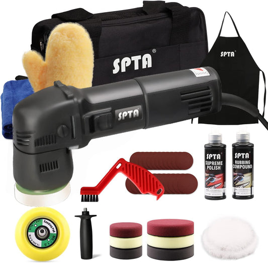 SPTA Polijstmachine, 9 mm, 750 W, excentrisch, snelheid 2500-5500 tpm, 80 mm polijstschijf, polijstspons, polijstpad, zijgreep