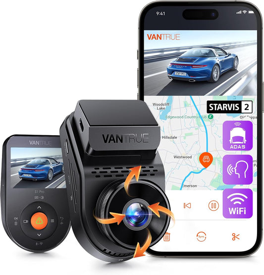 VANTRUE S1 Pro 1CH 2.5K 60FPS Verborgen Dashcam 5GHz WiFi ADAS, STARVIS 2 Platepix Nachtzicht, Dashcam Auto Front Spraakbesturing Dash Cam, GPS, 15 seconden Pre-opname Buffer Parking Mode, Max 1TB