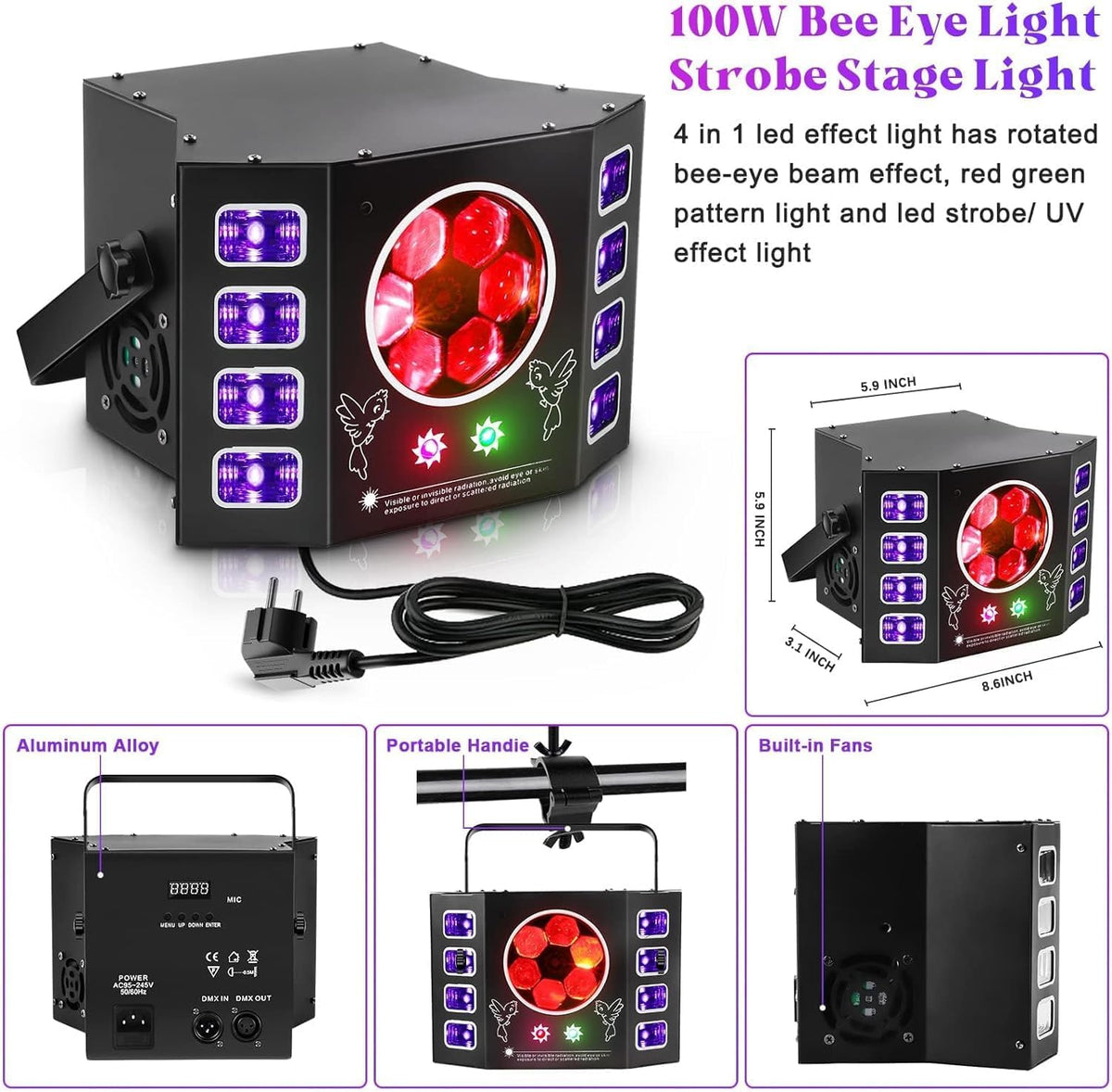 Lichtspel, discolicht, 100 W, feestlicht, bijenoog, uv-flitslicht, 14 DMX-kanalen met spraakbediening, afstandsbediening, geschikt voor bruiloft, verjaardagsfeest, Halloween