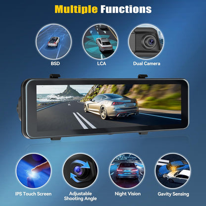 Spiegel Dashcam met Achteruitrijcamera – Dashcam, Autocamera, Spiegelcamera, Rijcamera – 10,88 Inch IPS-Touchscreen – 4K Voorcamera En 1080p Achtercamera