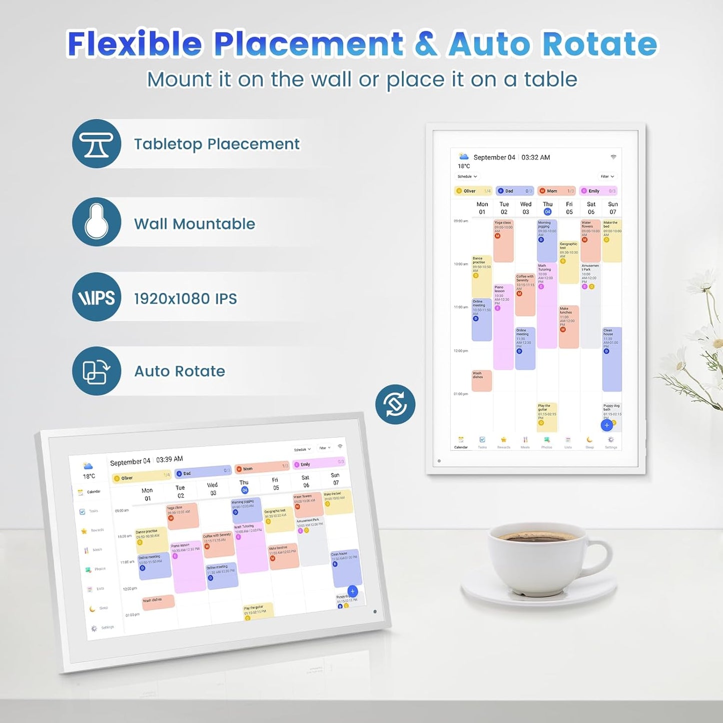 Digital Calendar, 15.6 Inch Smart Calendar & Chore Chart, 1920x1080 IPS Touchscreen Display for Family Schedule, Sync Schedules & Share Moments via App from Anywhere - Wall Mounted & Tabletop