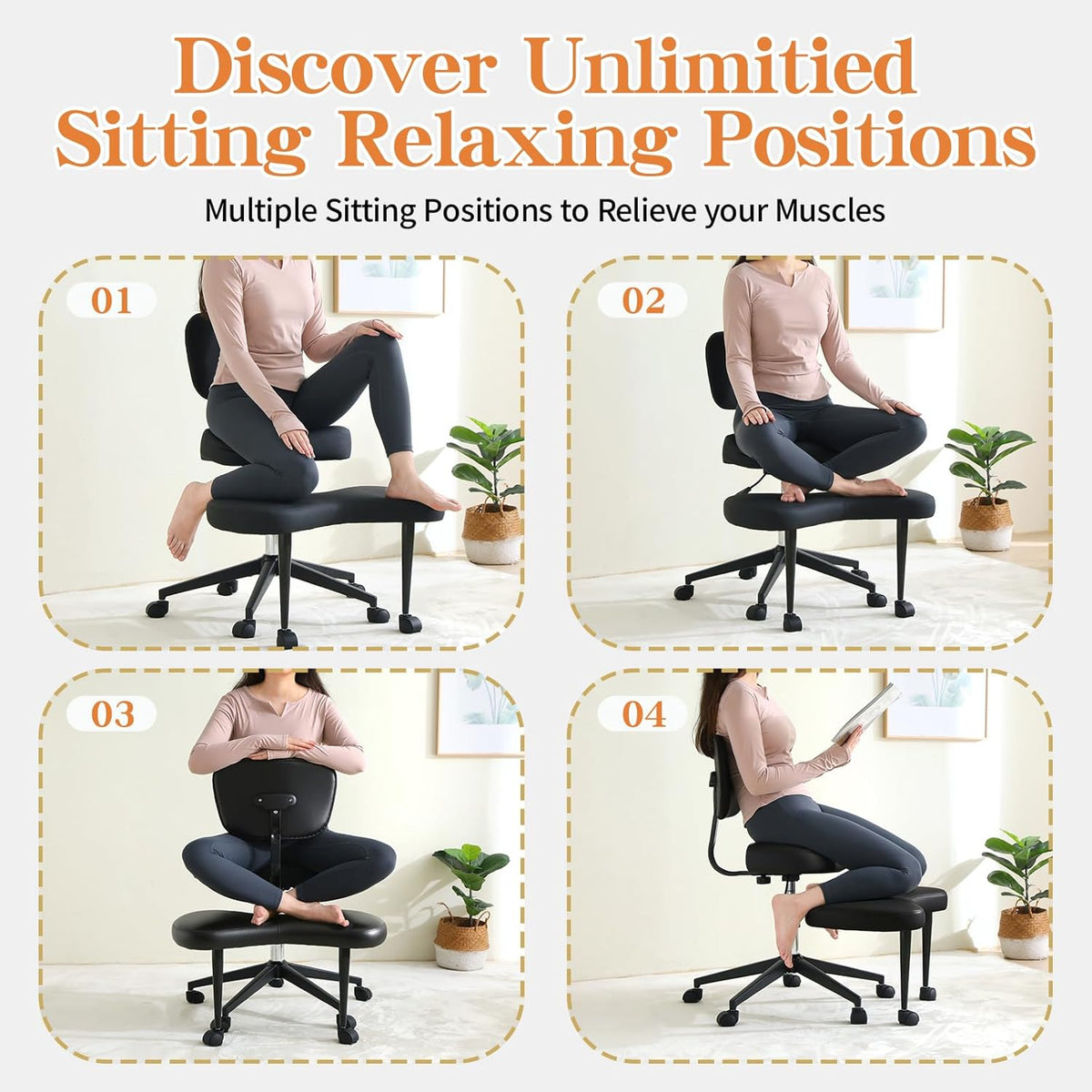 Ergonomische meditatiestoel voor meerdere zitposities, ADHD stoel met lendensteun en wielen, in hoogte verstelbaar, perfecte kniestoel voor yoga-liefhebbers, Criss Cross bureaustoel, zwart