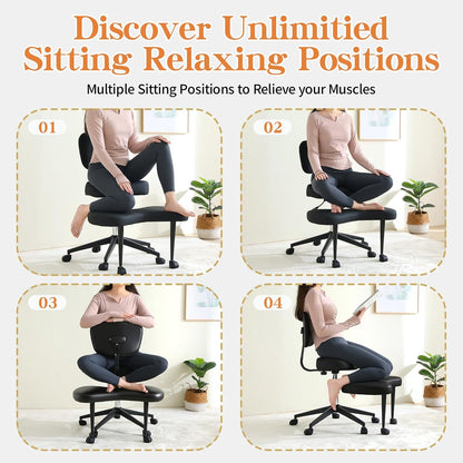 Ergonomische meditatiestoel voor meerdere zitposities, ADHD stoel met lendensteun en wielen, in hoogte verstelbaar, perfecte kniestoel voor yoga-liefhebbers, Criss Cross bureaustoel, zwart