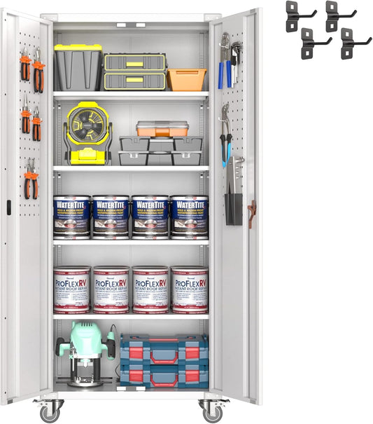 SUPEER 183 cm hoge metalen opbergkast met wielen en pegboard, afsluitbare rollende stalen opbergkast met 4 verstelbare planken en deur voor garage, kantoor, keuken, montage vereist (wit)