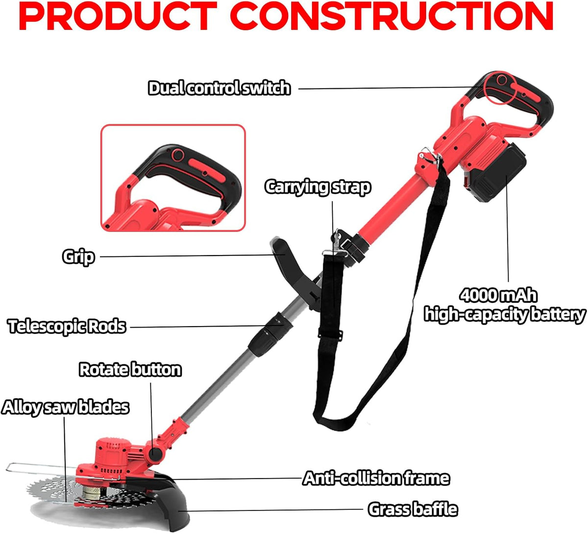 4-in-1 accu-grastrimmer met accu en onkruidborstel, bosmaaier, accu voor Makita-accu's, 4,0 Ah, 21 V accu, ultralicht, 2,36 kg, onkruidborstel, elektrische bosmaaier, incl. oplader, voor thuisgebruik