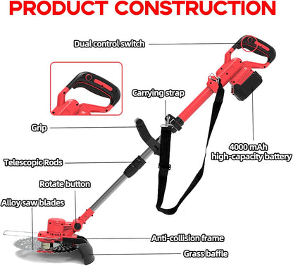 4-in-1 accu-grastrimmer met accu en onkruidborstel, bosmaaier, accu voor Makita-accu's, 4,0 Ah, 21 V accu, ultralicht, 2,36 kg, onkruidborstel, elektrische bosmaaier, incl. oplader, voor thuisgebruik
