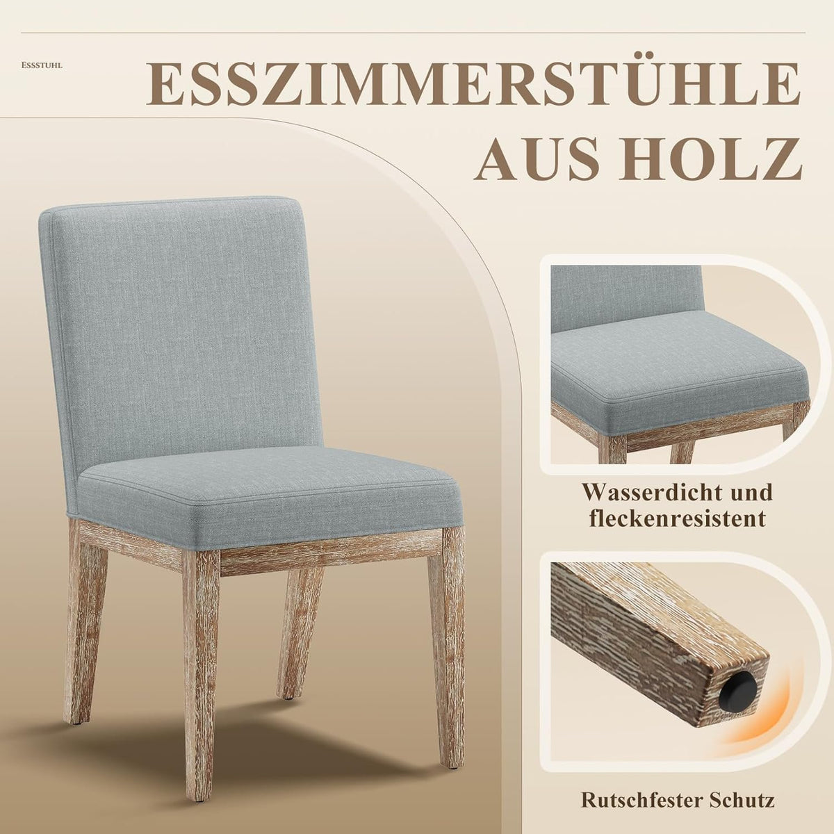 COLAMY Set van 4 eetkamerstoelen, moderne eetkamerstoelen met stoffen bekleding, keukenstoelen in landelijke stijl voor restaurant en woonkamer, grijs
