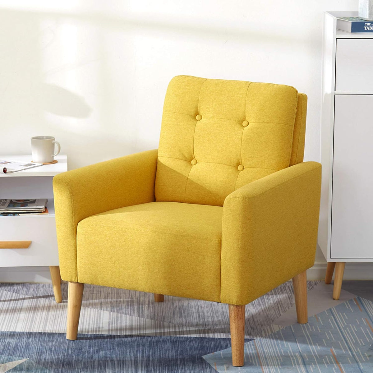 Meerveil Fauteuil bank, massief houten poten, moderne badstoel voor slaapkamer, woonkamer, balkon, kantoor, 72 x 72 x 81 cm, geel
