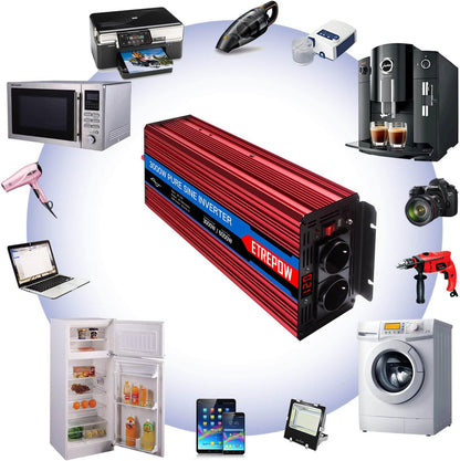 <font dir="auto" style="vertical-align: inherit;"><font dir="auto" style="vertical-align: inherit;">        3000W/6000W Pure Sine Wave Power Inverter 12V 230V with 2 EU Plug and 1 USB Port, Wireless Remote Control        </font></font>