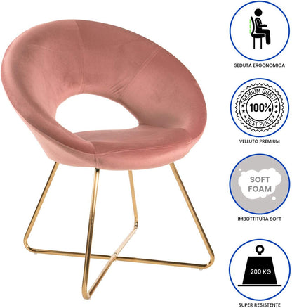 Montemaggi Fluwelen stoel met gouden poten, cirkelvormig, bureaustoel, woonkamerstoel, ergonomische stoelen, 71 x 59 x 84 cm, poederroze