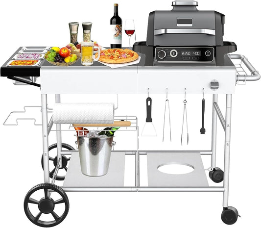 GFTIME 128 x 64 x 78 cm grillwagen serveerwagen voor Weber Q-serie, Ninja Woodfire, pizzaoven, tafelgrill, grilltafel met groot werkblad, outdoor serveerwagen tuin trolley