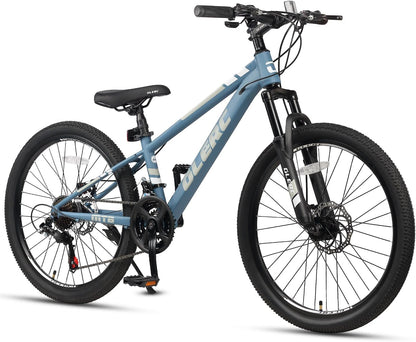 Glerc Skyline Kinder Mountainbike voor Jongens en Meisjes, 24 Inch Kinderfiets voor Jeugd van 10 11 12 13 14 15 16 17 18 Jaar, 21 Versnellingen Fiets met Voorvering en Schijfremmen, Blauw