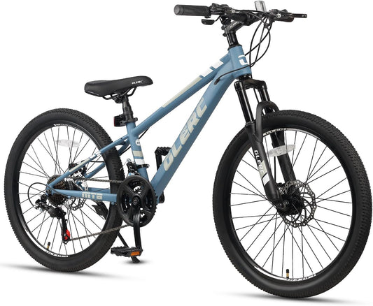 Glerc Skyline Kinder Mountainbike voor Jongens en Meisjes, 24 Inch Kinderfiets voor Jeugd van 10 11 12 13 14 15 16 17 18 Jaar, 21 Versnellingen Fiets met Voorvering en Schijfremmen, Blauw