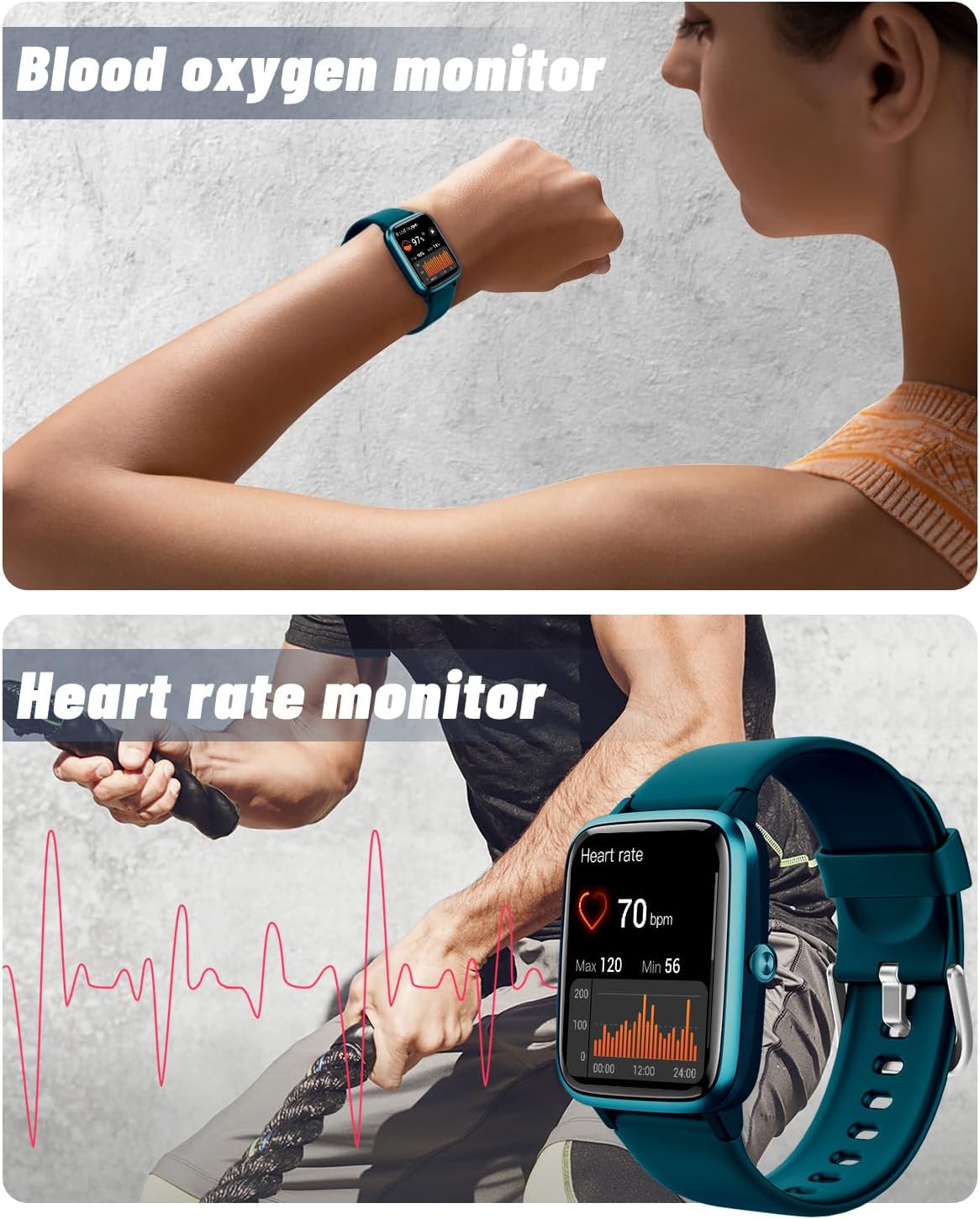 GRV Smartwatch voor heren en dames, smartwatch, sporthorloge, stappenteller, cardio, waterdicht, IP68, sms-melding en oproepen, 9 modi, sport, stopwatch, menstruatiecyclus, muziekbesturing voor