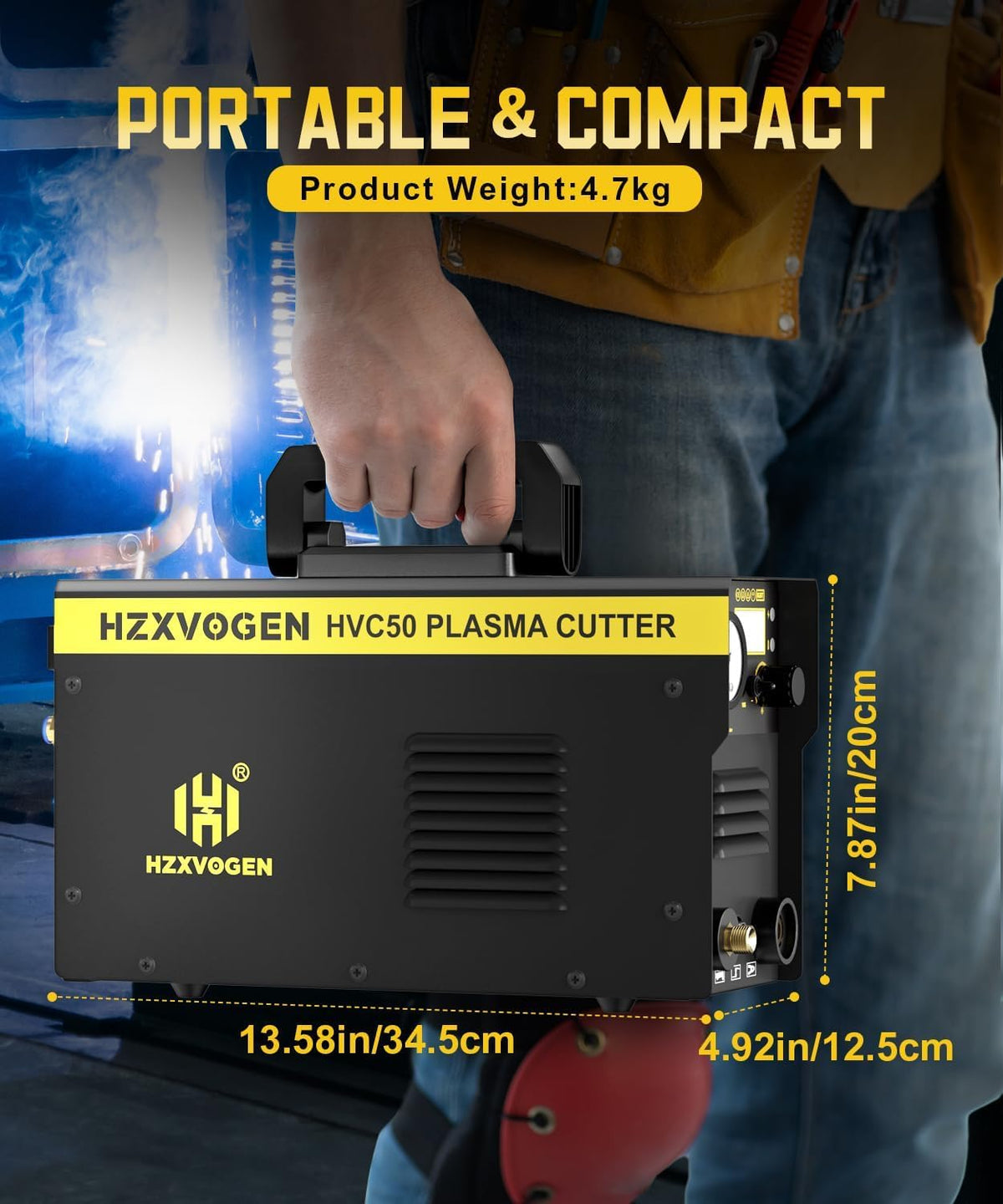 H HZXVOGEN Plasmasnijder, 50A Draagbare HF-luchtplasmasnijder met digitaal display en nabewerking, 230V DC IGBT-inverter, 1/3 inch schone snede voor beginners doe-het-zelf (HVC50)