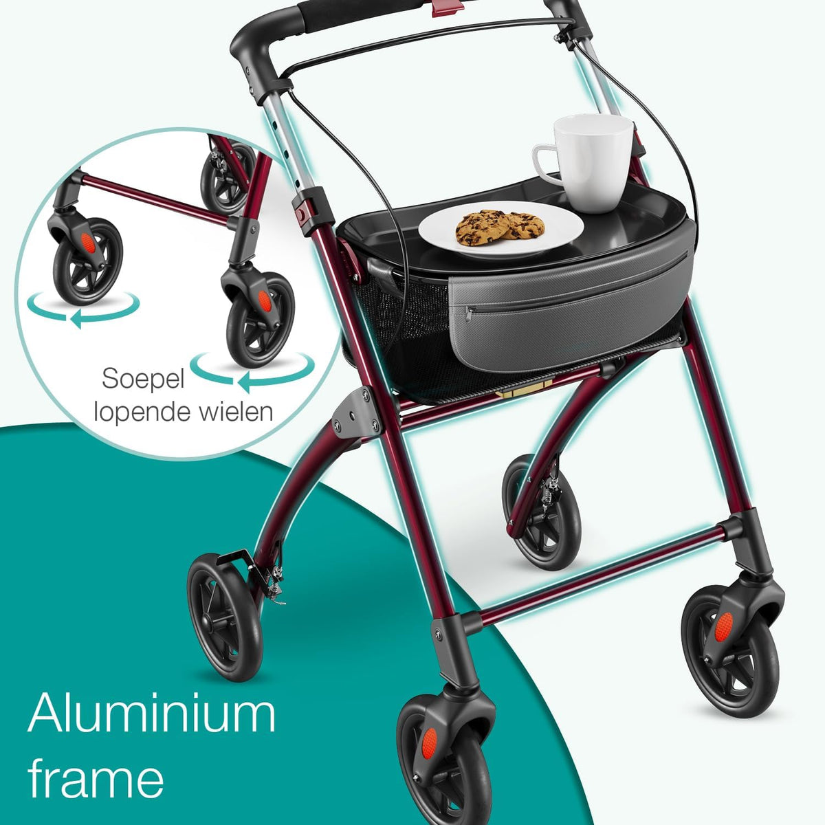 ELONEO Lichtgewicht Rollator voor Binnen - 54 cm Breed, Opvouwbaar Looprek met Dienblad en Stoffen Mandje, Smalle Rollator van Aluminium, Inklapbaar Mobiliteitshulpmiddel, Rood