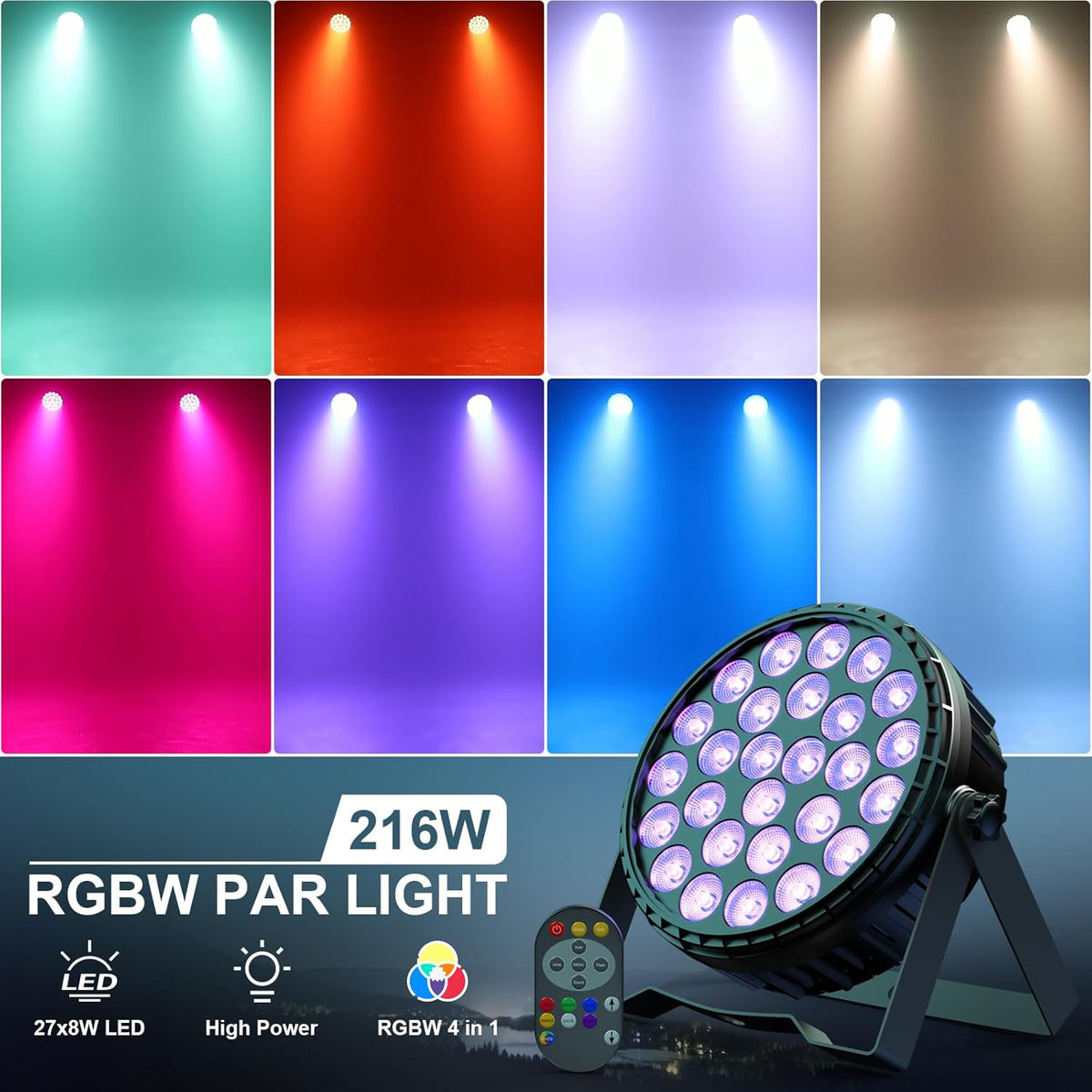 4 Pcs 216W LED Par Headlights, 27 x 8W RGBW LED Par Spotlight DMX Disco Light with Remote Control 6 Modes Effect Spot Party Light for DJ, Party, Show, Christmas, Halloween, Wedding - QUORE