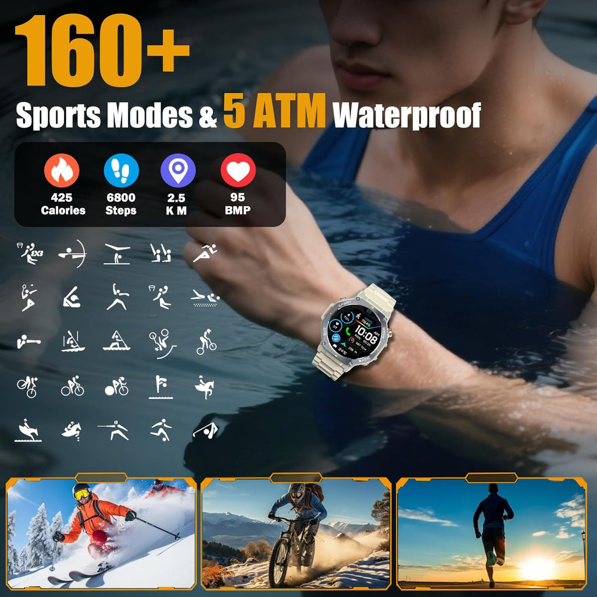 Jugeman Smartwatch voor dames en heren, met bluetooth-oproepen, fitnesstracker met stappenteller, IP68 waterdicht horloge